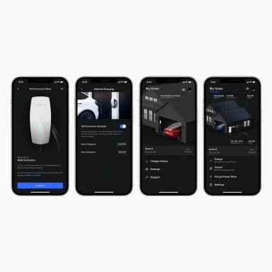 Vier smartphones tonen verschillende instellingen en beelden van een slim beveiligingssysteem.